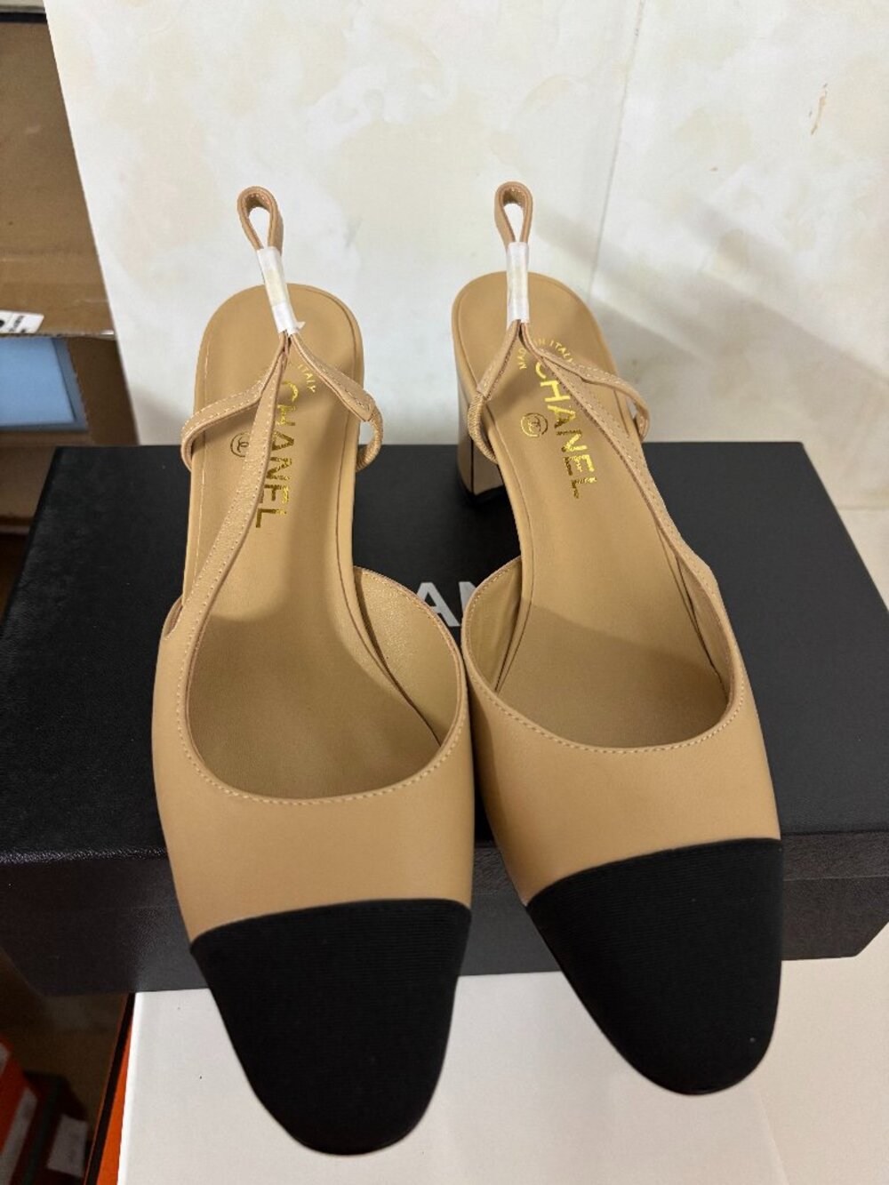 CHANEL Two-Tone Beige and Black Slingback Block Heels